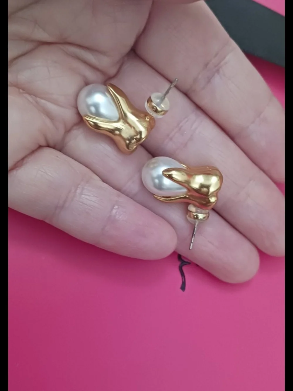 Schiaparelli Gold and White Pearl Tooth Small Drop Earrings Studs Made FRANCE - Picture 2 of 4